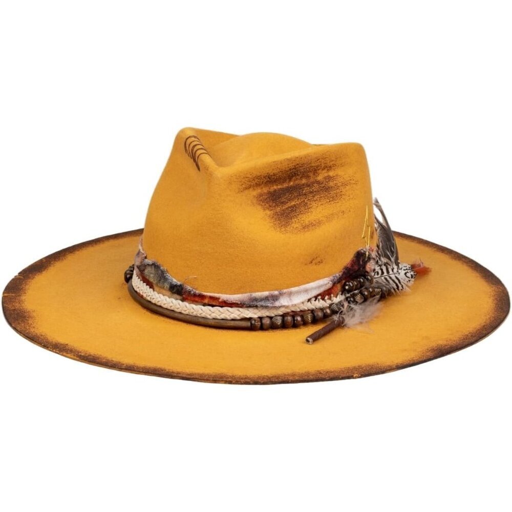 Unisex Yellowish Western With Feather & Band Detail Classic Fedora Cowboy Hat